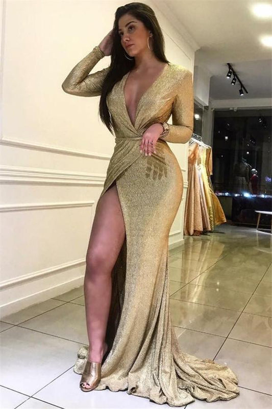 edgynewlook Long Sleeves Modern V-Neck Prom Dress With Slit