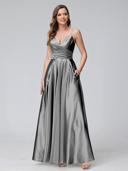 A-Line/Princess V-Neck Sleeveless Ankle-Length Silk Satin Bridemaid Dresses with Pockets & Split Side