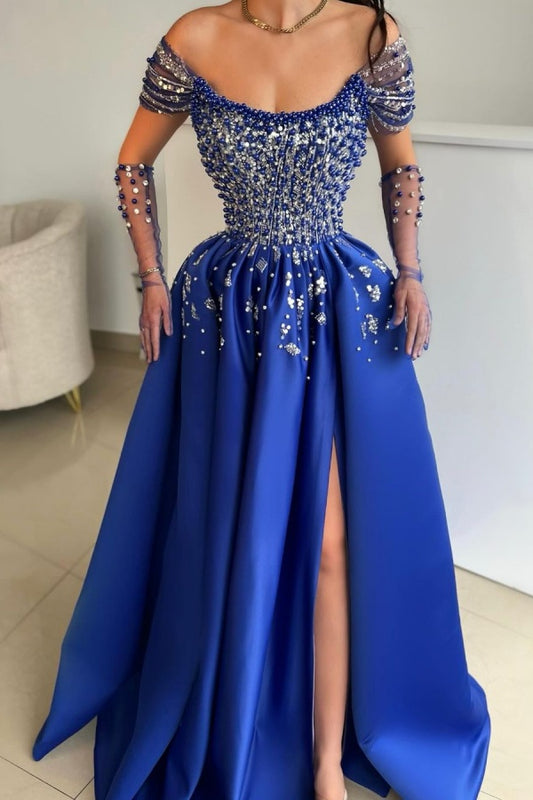 Royal Blue Off-The-Shoulder Prom Dress With Beaded Bodice And High Split ZT0167