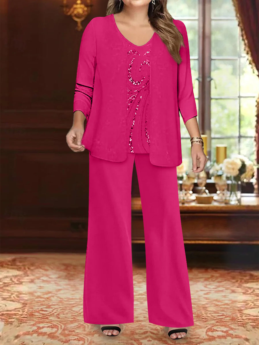 Chiffon V-Neck Floor-Length 3 Pieces Plus Size Mother of the Bride Pantsuits with Jacket & Sequins