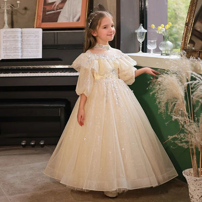 3/4 Sleeves High Neck A-Line/Princess Lace Flower Girl Dress with Rhinestone Appliques