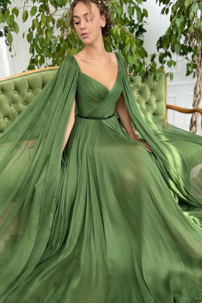 edgynewlook Elegant Green Long Puffy Sleeves Formal Prom Dress Sweetheart Tulle With Split