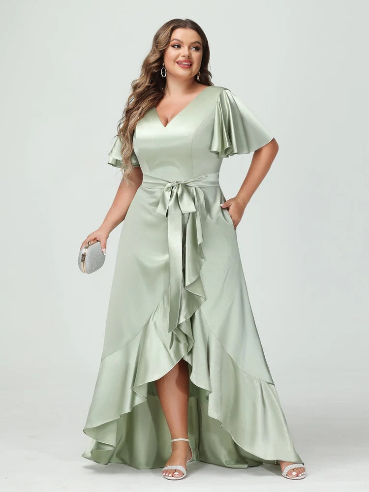 Sheath/Column V-Neck Short Sleeves Ruffles Asymmetrical Plus Size Dresses with Pockets & Sash