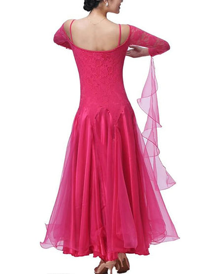 Women‘s Dancewear Ballroom Dance Dress Lace Pure Color Splicing Women's Performance Party