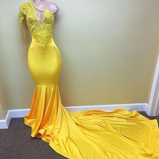 edgynewlook Yellow Long Sleeve Mermaid Prom Dress One Shoulder With Applique