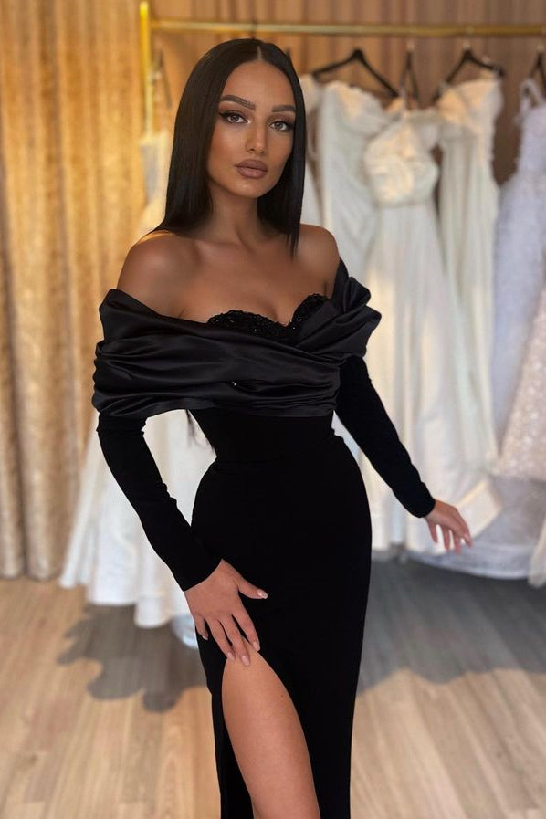 Black Mermaid Prom Dress Half-Sleeve Pleated With Slit ED0644