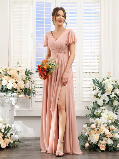 A-Line/Princess V-Neck Short Sleeves Floor-Length Bridesmaid Dresses with Split Side