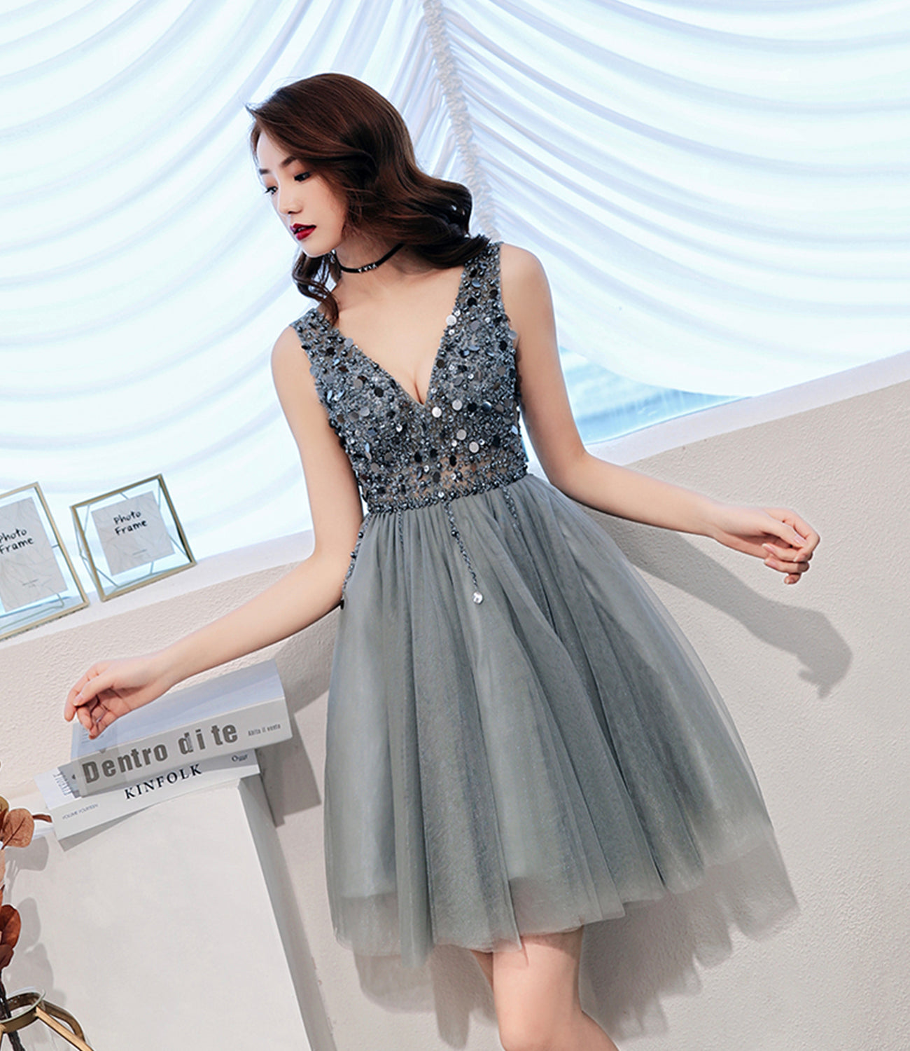 Gray tulle beads short prom dress fashion dress  8849