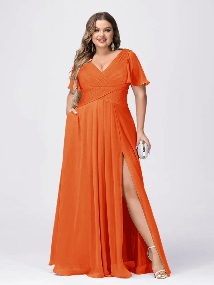 A Line/Princess V-Neck Short Sleeves Plus Size Bridesmaid Dresses with Split Side