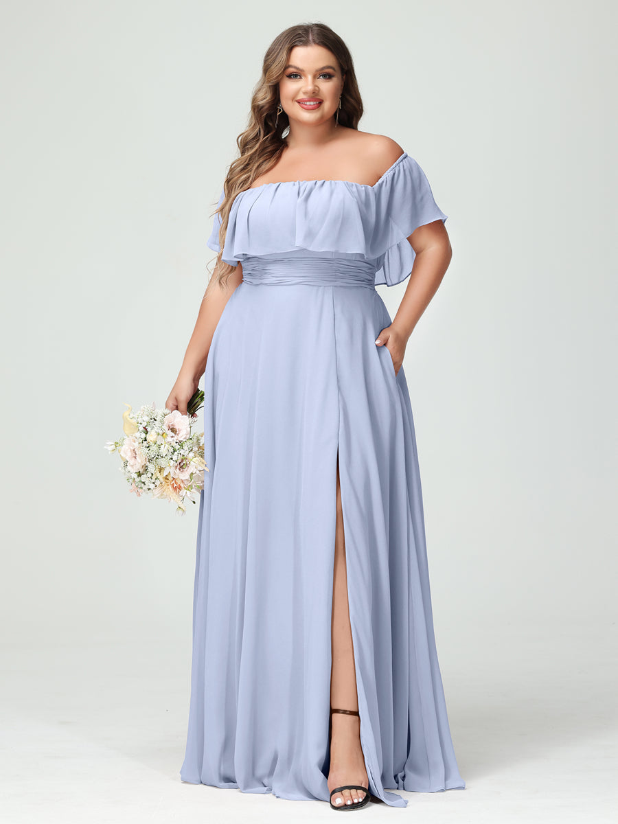 A-Line/Princess Off-the-Shoulder Short Sleeves Chiffon Plus Size Bridesmaid Dresses with Pockets & Split Side