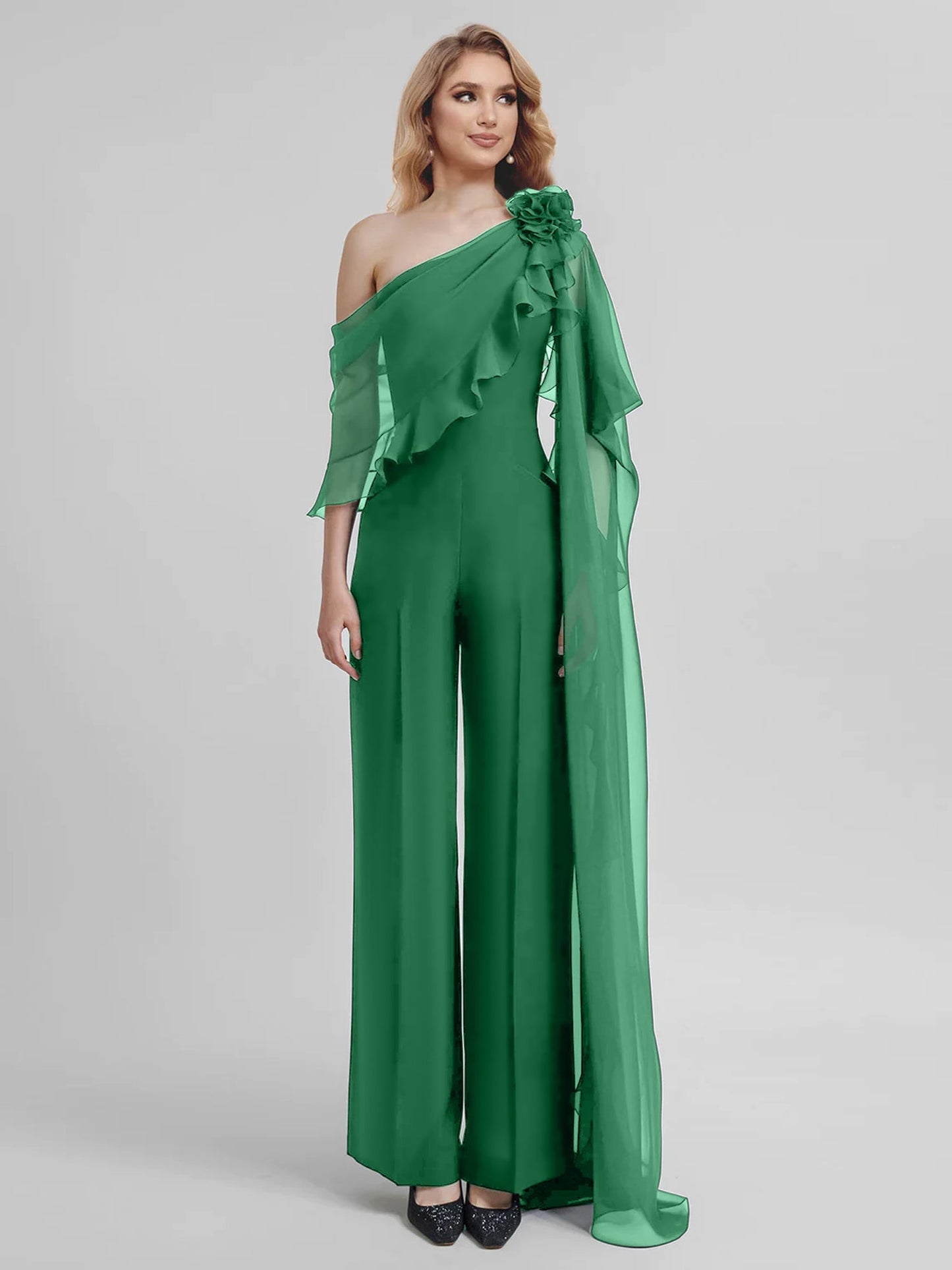 Jumpsuits One-Shoulder Half Sleeves Chiffon Mother Of The Bride Pantsuits