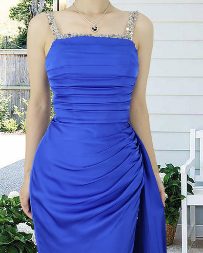 Prom Dress Royal Blue Sweetheart Long With Slit Sleeveless Pleated YX00017