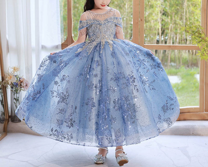 A-Line/Princess Off-the-Shoulder Flower Girl Party Dress with Rhinestone Appliques