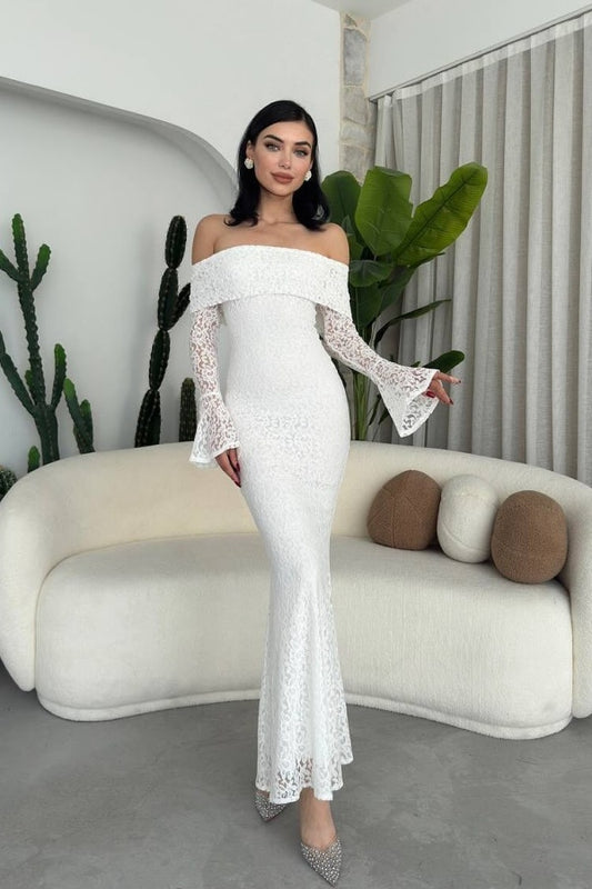 White Slim Fit Lace Mermaid Strapless Long Sleeves Prom Dress ZT0308