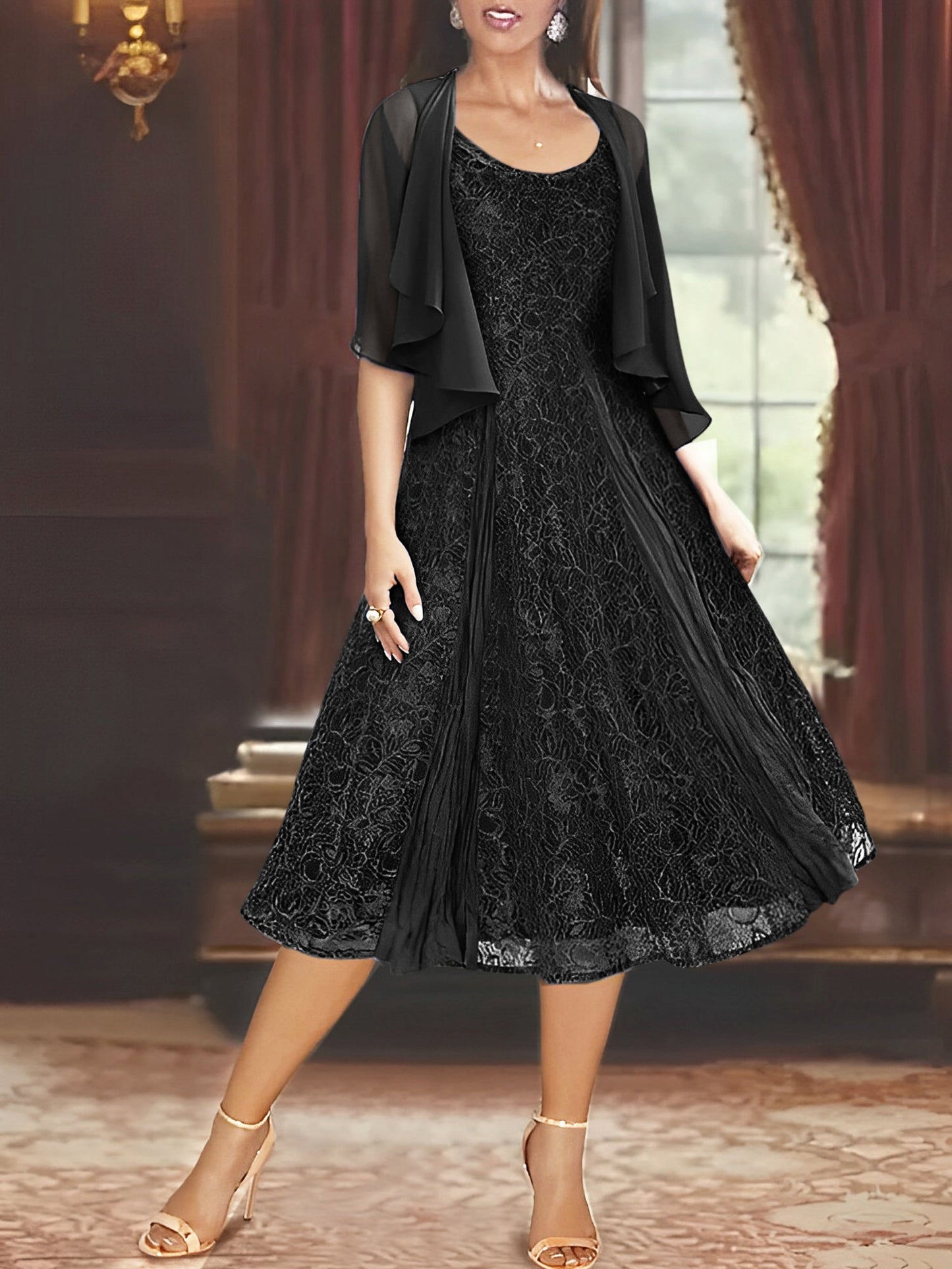 A-Line/Princess Scoop Half Sleeves Tea-Length Mother of the Bride Dresses with Appliques & Jacket