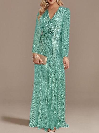 Mermaid/Trumpet V-Neck Long Sleeves Floor-Length Party Cocktail Dress with Sequins