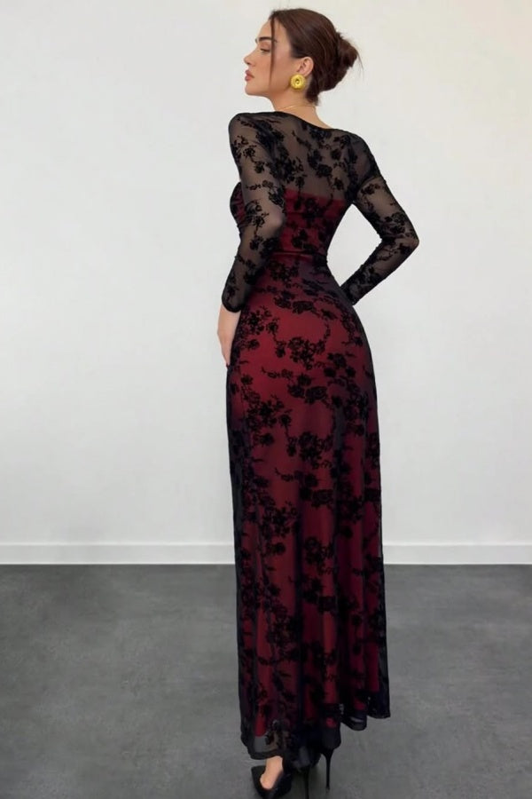 Red Lining Slim Fit Black Lace Long Sleeves Prom Dress ZT0491