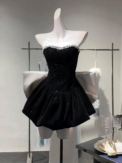 Chic A Line Strapless Black Velvet Cocktail Dresses Short Homecoming Dress