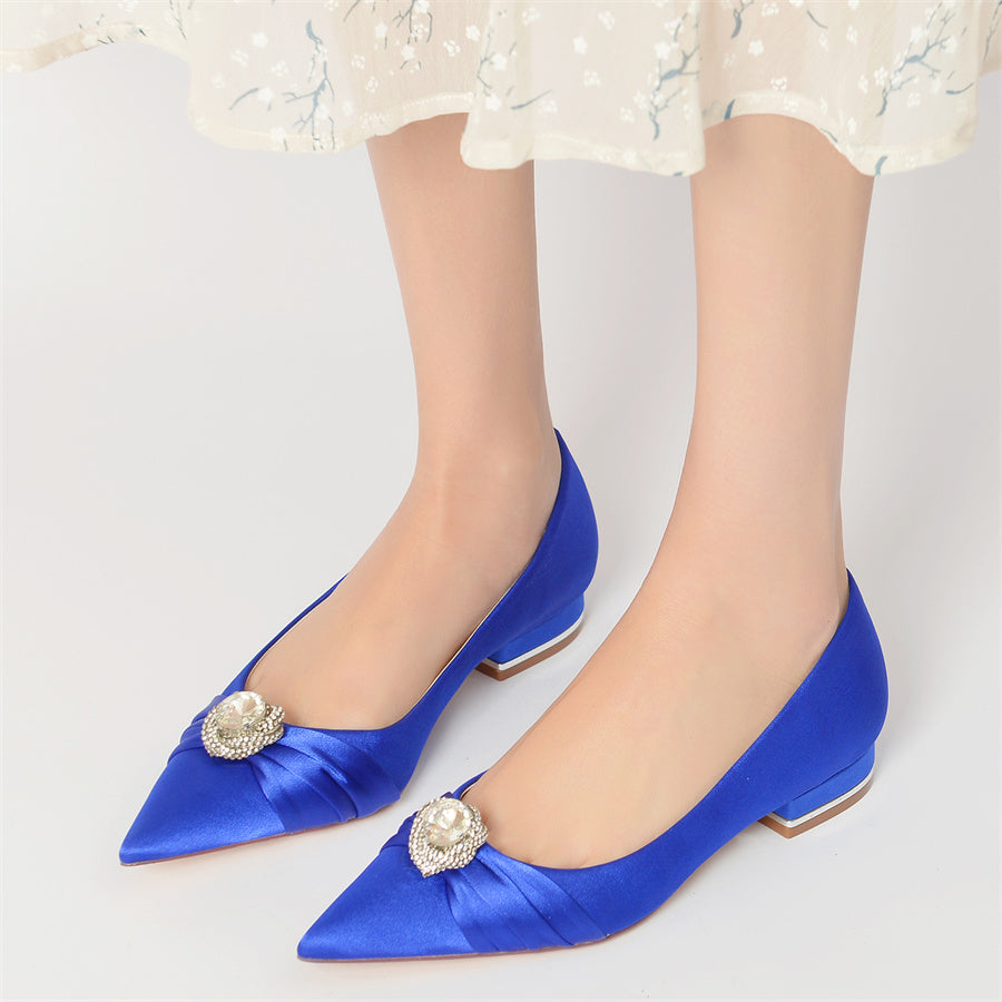 Women's Wedding Shoes Low Heel Pointed Toe Bridal Shoes with Round Rhinestones