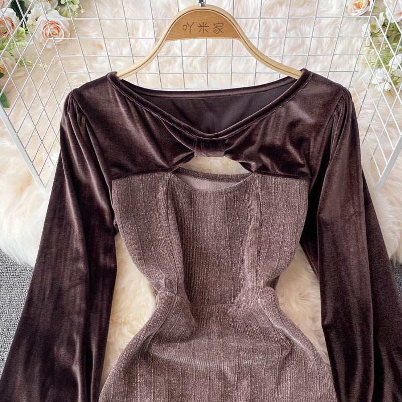 Crew neck velvet stitching long sleeve temperament French Vintage Dress  3722