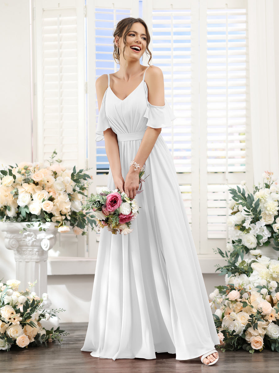 A-Line/Princess Spaghetti Straps Floor-Length Chiffon Bridesmaid Dresses with Split Side & Ruched