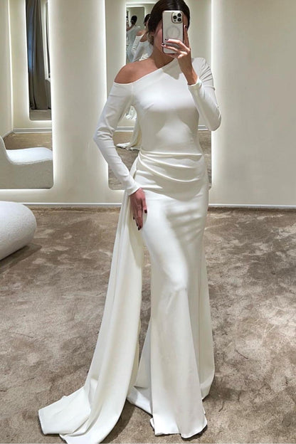 edgynewlook Amazing White Satin Long Sleeves Slim Long Mermaid Prom Dress with Pleated