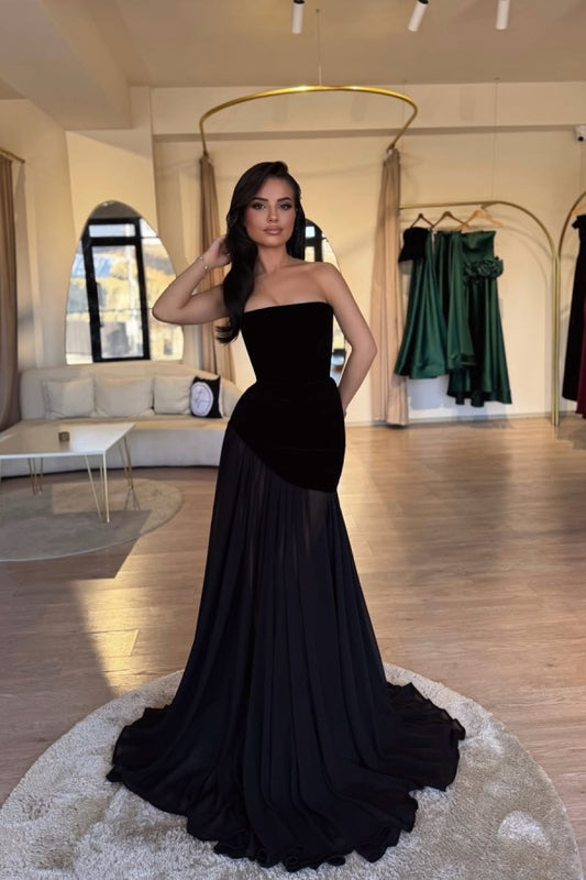 Black Strapless Spliced Chic Long Prom Dress ZT0556