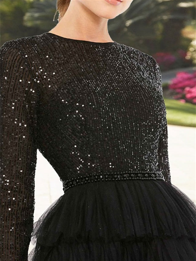 A-Line Jewel Neck Long Sleeve Tea Length Mother of the Bride Dresses with Sequin Tiered