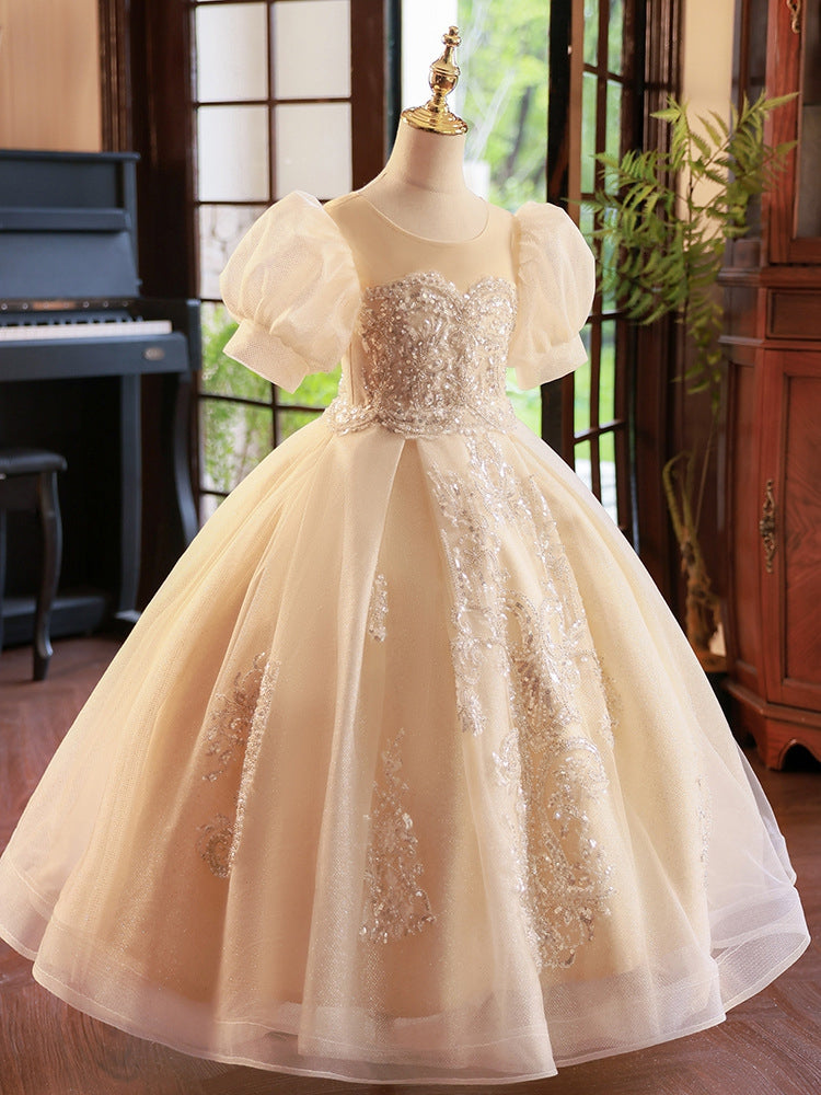 Ball Gown Short Sleeves Flower Girl Party Dresses with Rhinestone Appliques