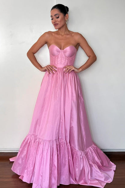 edgynewlook Stunning Pink Satin Sweetheart Sleeveless Strapless Long Prom Dress with Pleated