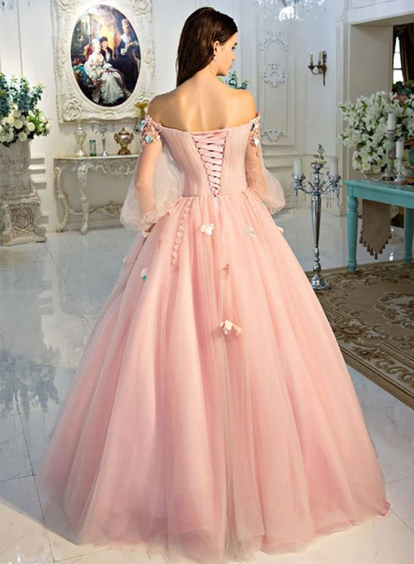 Long Sleeve Prom Dresses Pearl Pink Ball Gown Long Floral Fairy Prom Dress  gh2279