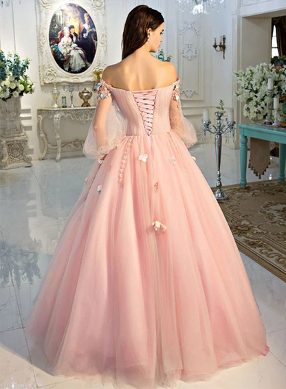 Long Sleeve Prom Dresses Pearl Pink Ball Gown Long Floral Fairy Prom Dress  gh2279