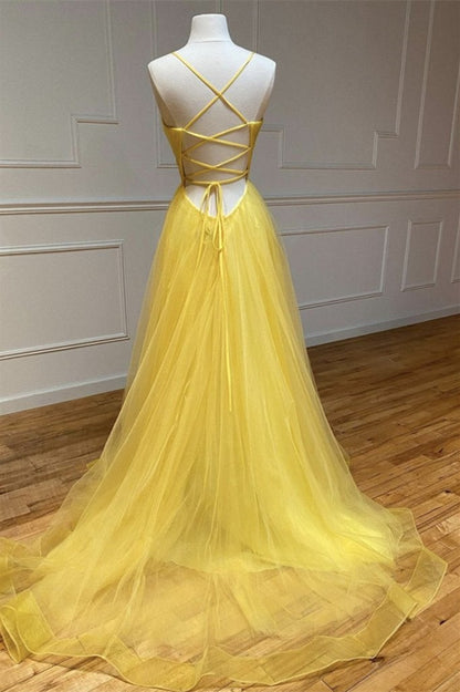 Yellow Spaghetti-Straps Prom Dress String Back PD0377