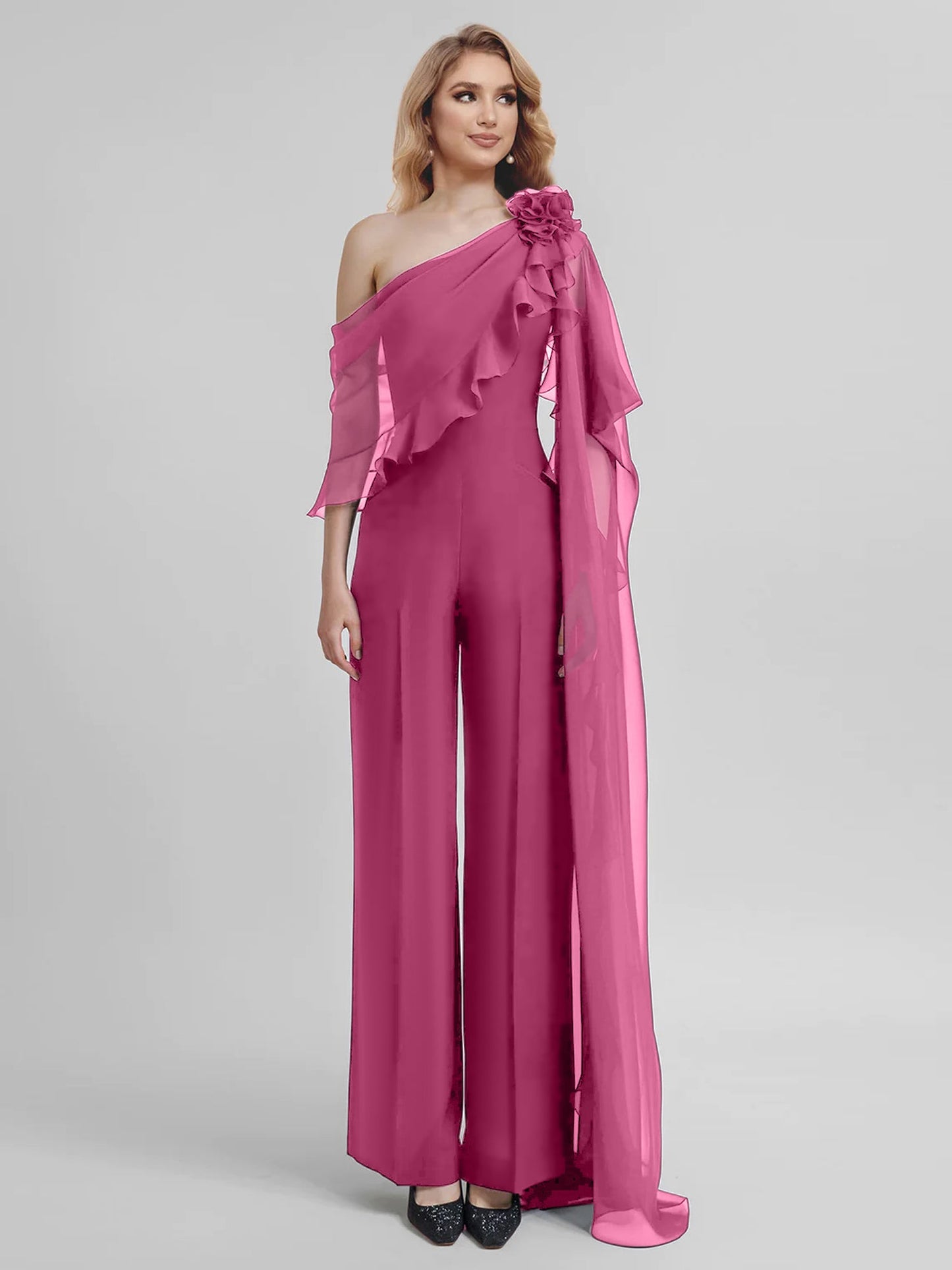 Jumpsuits One-Shoulder Half Sleeves Chiffon Mother Of The Bride Pantsuits