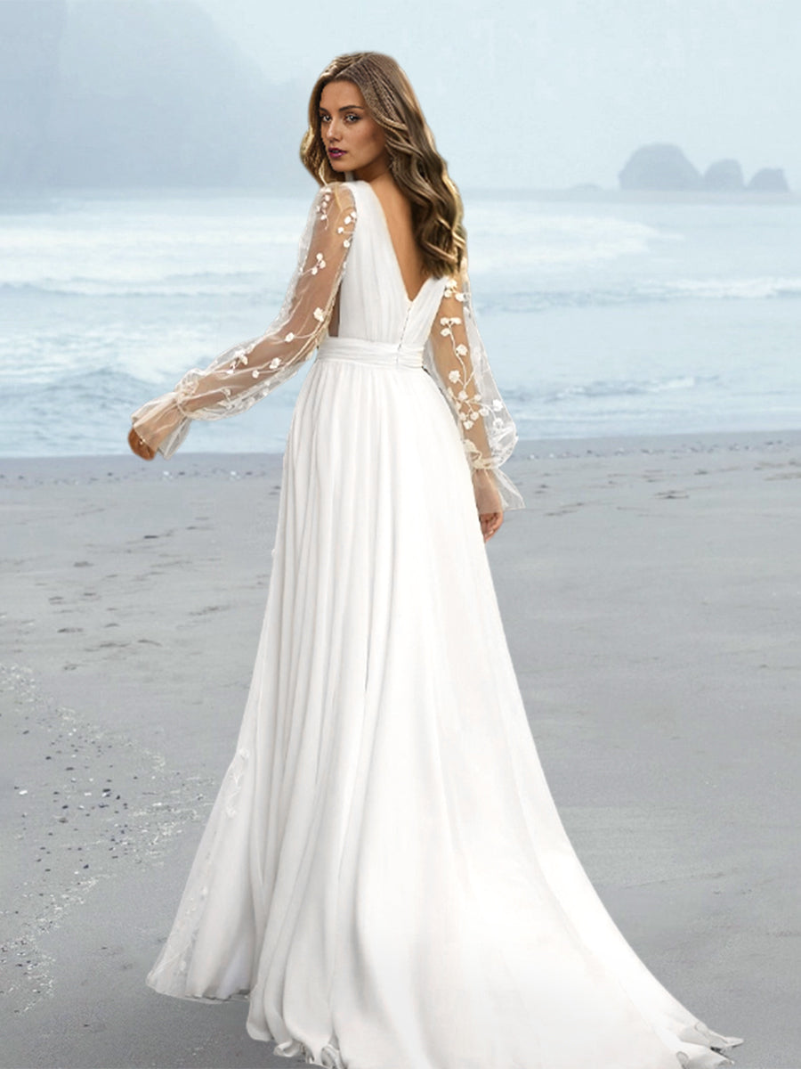 A-Line/Princess V-Neck Floor-length Wedding Dress