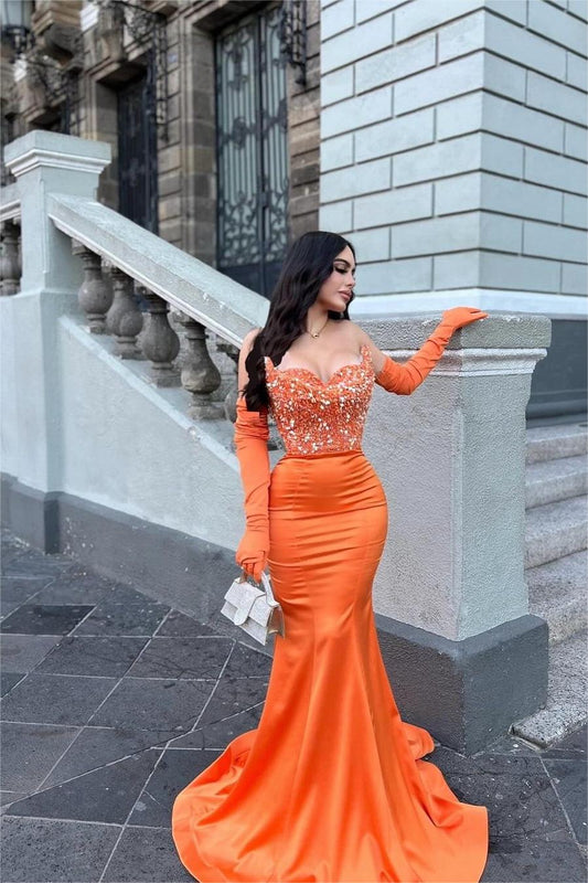 edgynewlook Glamorous Orange Stain Strapless Mermaid Beaded Long Prom Dress with Gloves