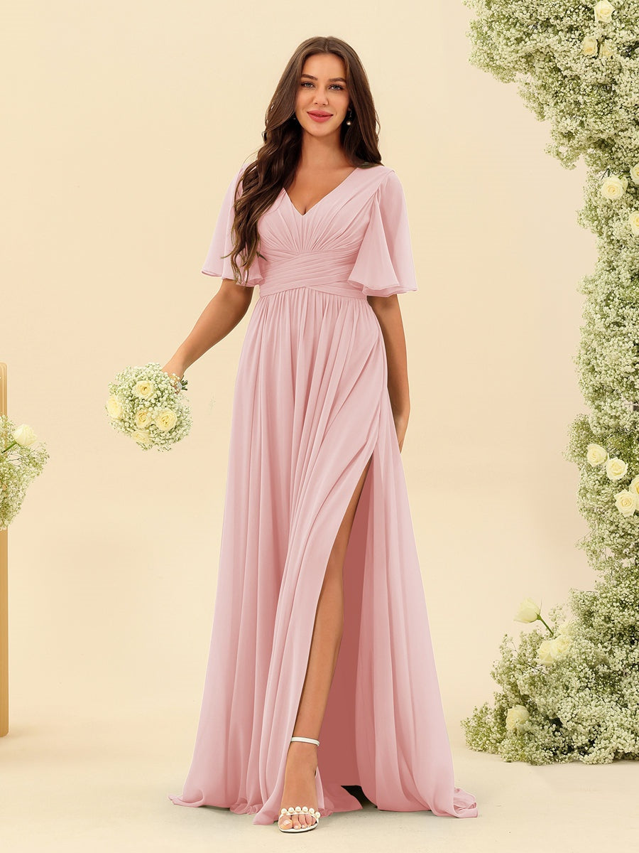 A-Line/Princess V-Neck Half Sleeves Chiffon Bridesmaid Dresses With Pockets & Split Side