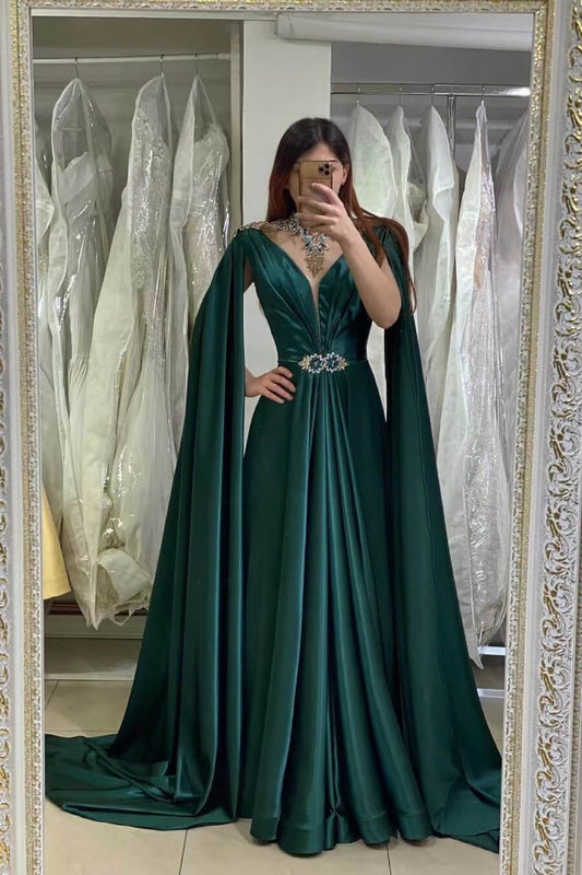 Dark Green V-Neck A-Line Long Beads Prom Dress With Ruffles ED0215