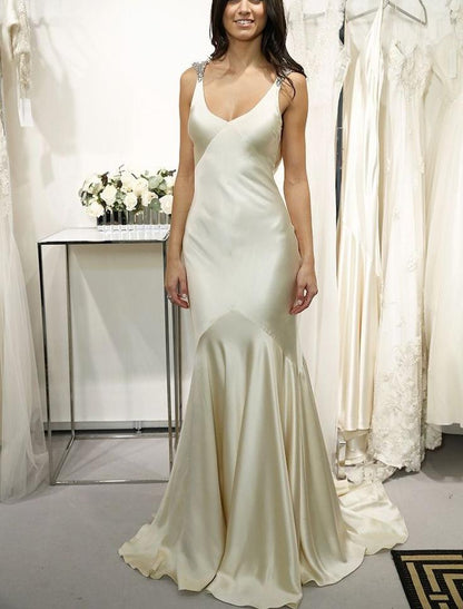 Ivory Long Satin Rhinestone Embellished Ball Gown Evening Dress Bridal Wedding Dress gh3032