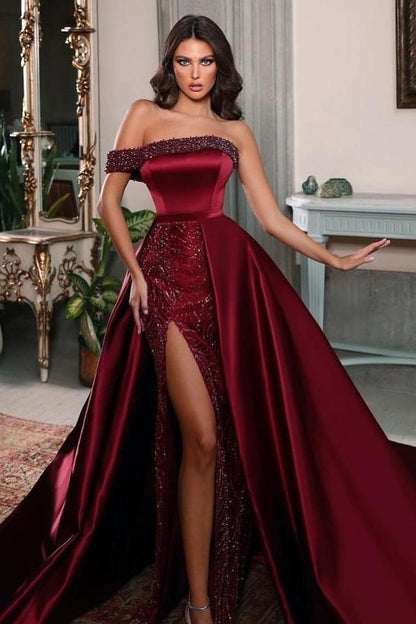 edgynewlook Charming Burgundy Satin One Shoulder Sleeveless Split Long Prom Dress with Beadings