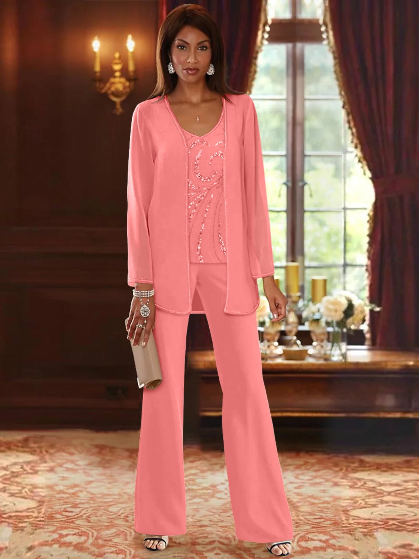 Chiffon V-Neck Floor-Length 3 Pieces Mother of the Bride Pantsuits with Jacket & Sequins