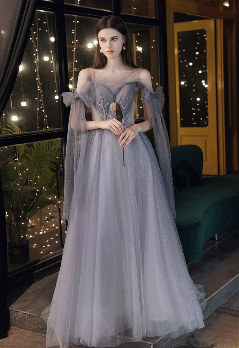 Gray Blue Prom Dress Stunning Glitter Tulle Bridesmaid Dress Long Tulle Sleeves Graduation Dress Illusion Evening Dress Floor Length gh2232