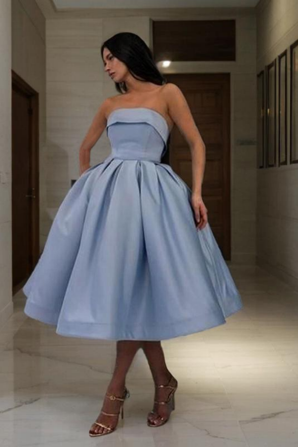 Dusty Blue Strapless High Waist Homecoming Dress Ball Gown Prom Dress HC0042