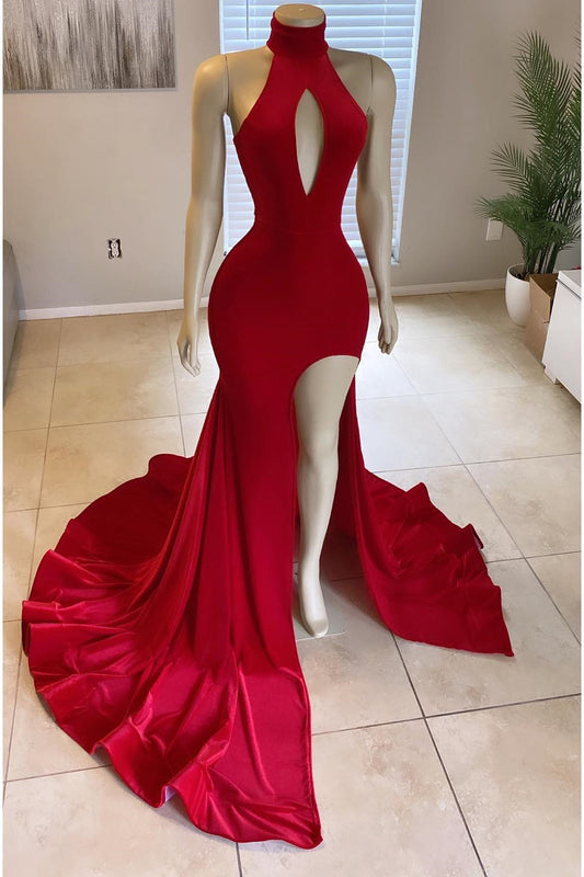 Glorious Velvet Red Front Split Mermaid High-Neck Prom Dress Online ED0033