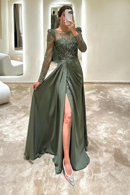 edgynewlook Beautiful Dark Green Satin Jewel Neck Long Sleeves Long Split Prom Dress with Split