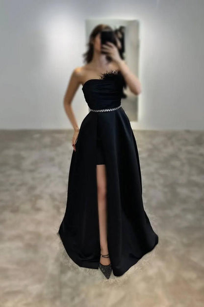 edgynewlook Beautiful Black Satin Sleeveless Strapless Long Split Prom Dress with Feathers