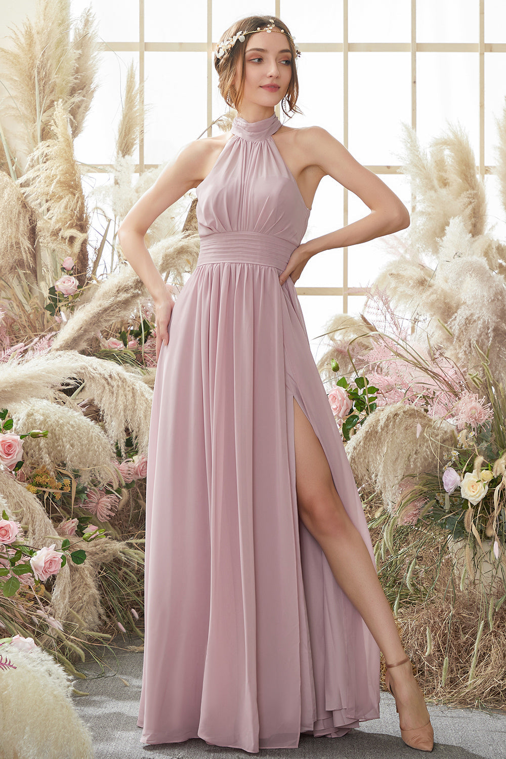 Halter Pleated Chiffon Bridesmaid Dress