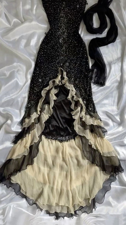 Black shiny elegant ruffle tulle long sequined ball gown prom dress evening gown gh3141