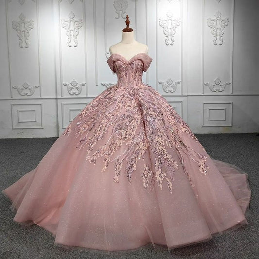 Pink gorgeous shiny exquisite embroidery applique tube top long tulle ball gown evening dress wedding dress gh3163