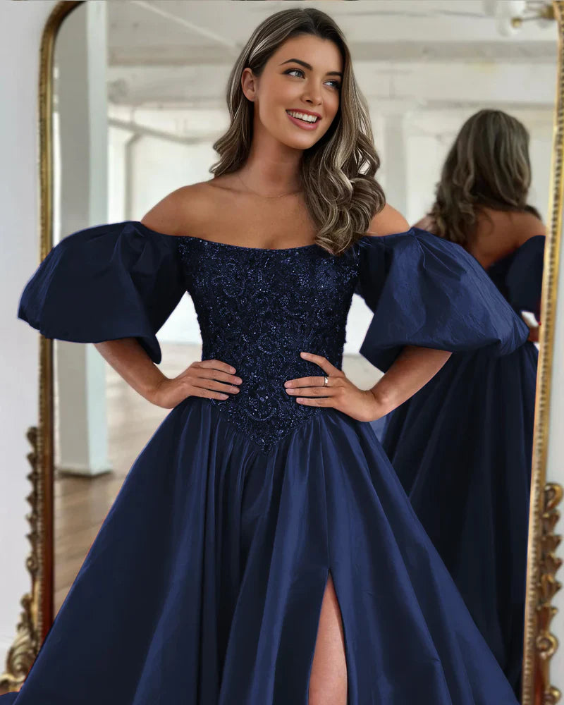 Liana |A-Line Off The Shoulder Taffeta Prom Dress With Short Puffy Sleeves